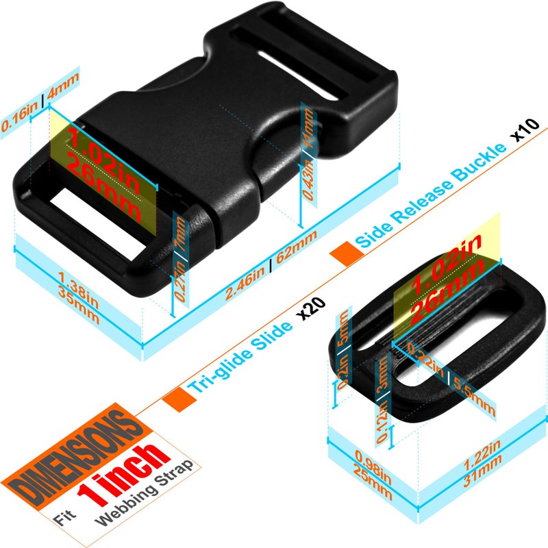 LASIGHT Buckles for 1 inch Wide Webbing Straps: Quick Side Release Buckle 10 set and Tri-Glide Slide 20 pcs Fit 1" Nylon Web Belt, Plastic Snap Fastener Clip Heavy Duty Replacement Dual Adjustable - Image 3