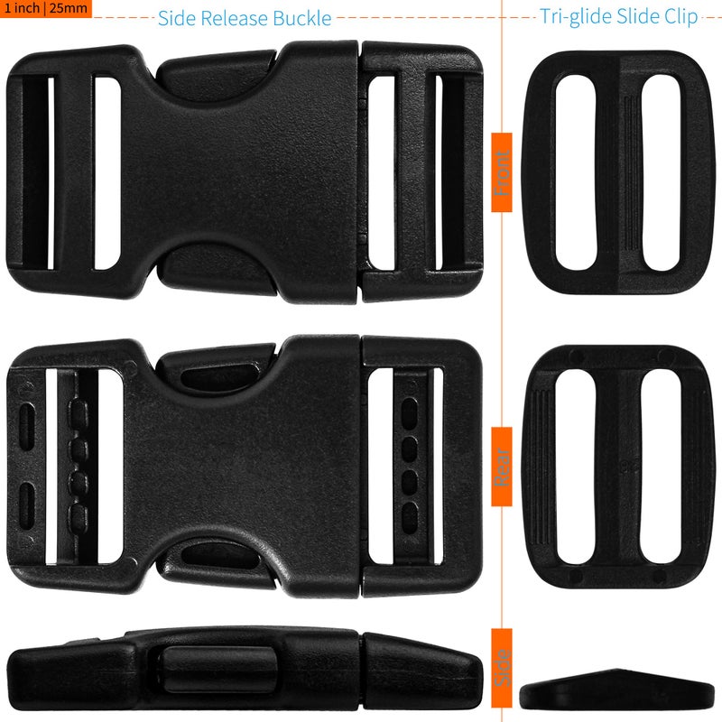 LASIGHT Buckles for 1 inch Wide Webbing Straps: Quick Side Release Buckle 10 set and Tri-Glide Slide 20 pcs Fit 1" Nylon Web Belt, Plastic Snap Fastener Clip Heavy Duty Replacement Dual Adjustable - Image 5