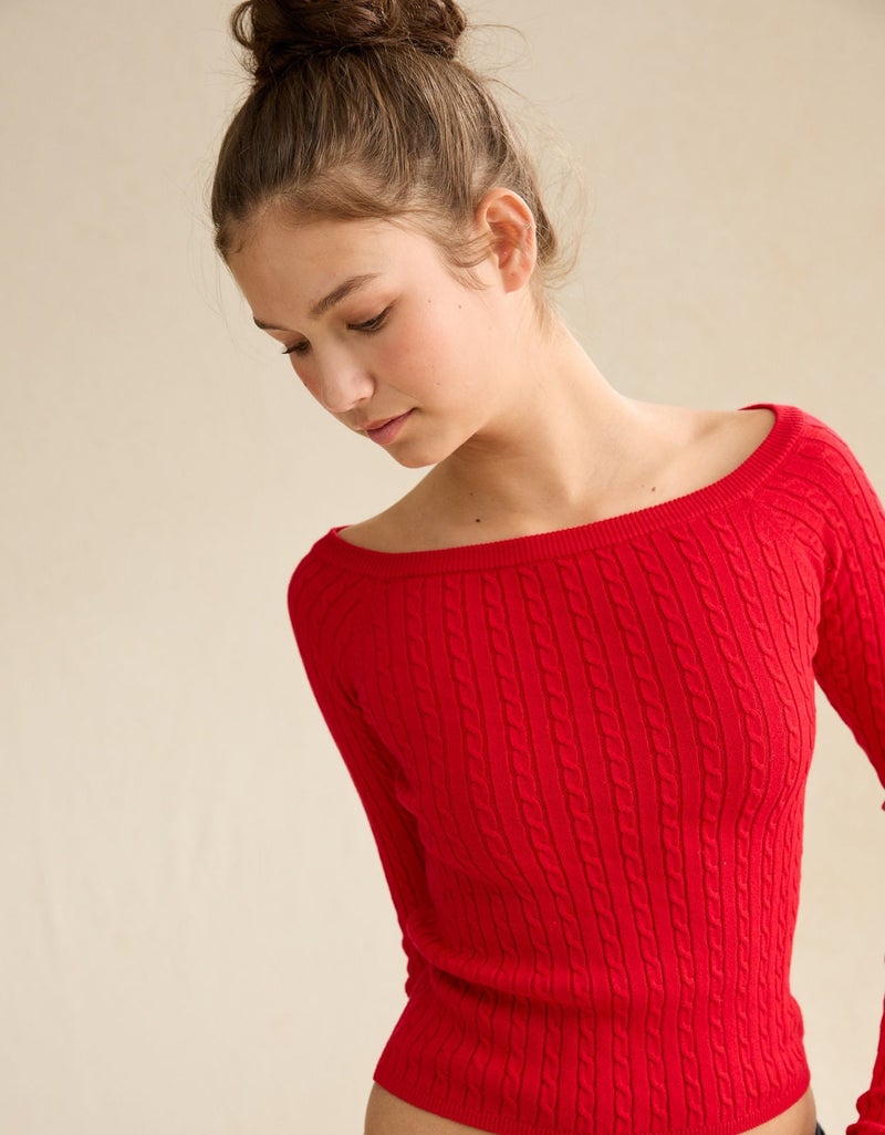 American Eagle AE Fitted Off-the-Shoulder Cable Knit Sweater - Image 1