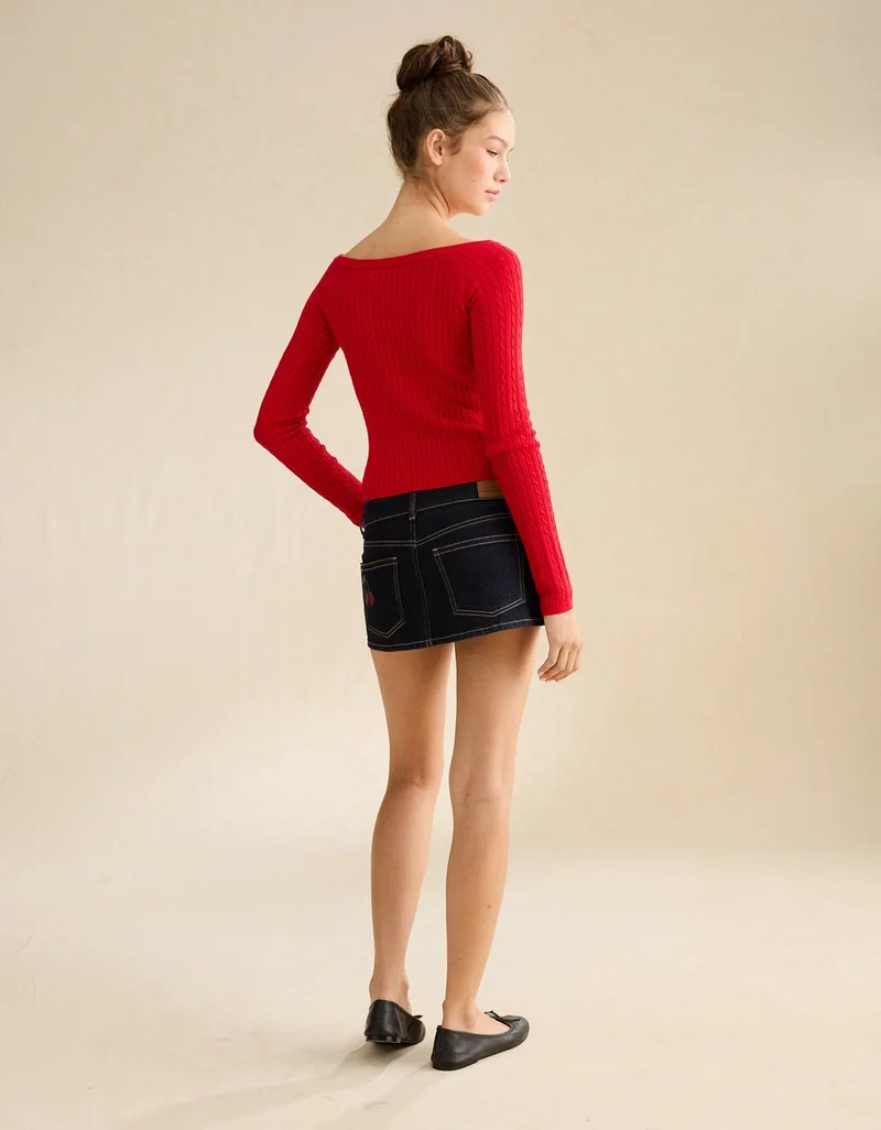 American Eagle  AE Fitted Off-the-Shoulder Cable Knit Sweater for Women | Best Price UAE