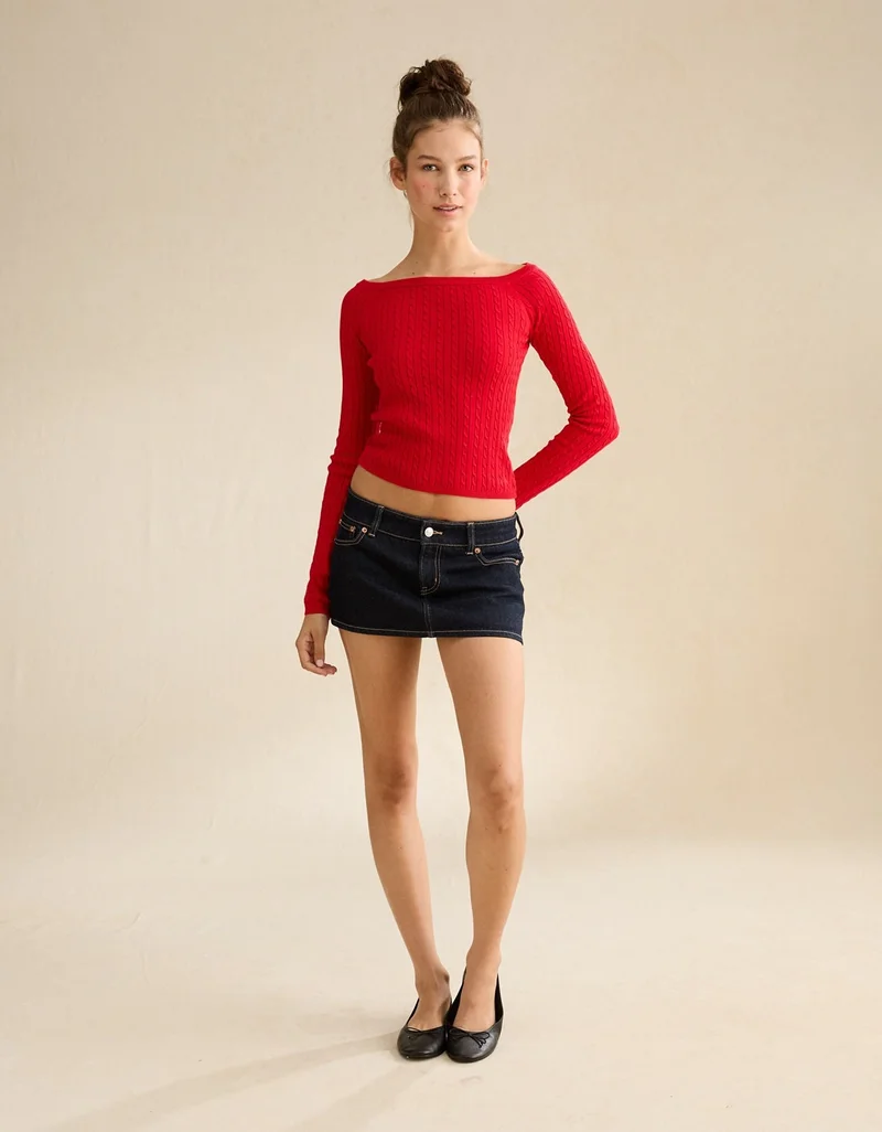 American Eagle  AE Fitted Off-the-Shoulder Cable Knit Sweater for Women | Best Price UAE