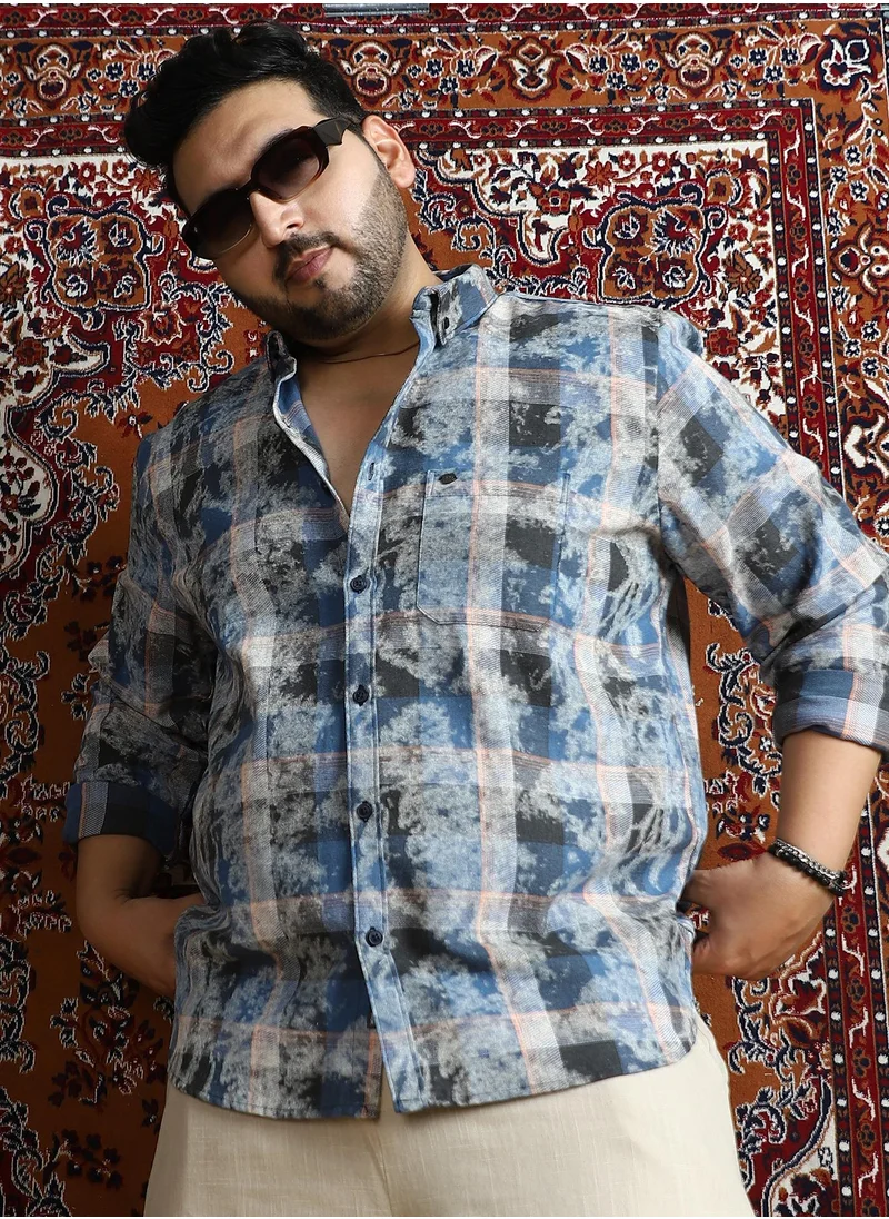 Instafab Plus Instafab Plus Men's Indigo Blue Faded-Plaid Regular Shirt For Casual Wear | Spread Collar | Long Cuffed Sleeves | Button Closure | Plus Size Shirt Crafted With Comfort Fit For Everyday Wear