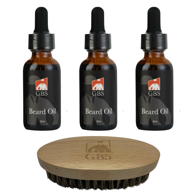 GBS Beard Oil 30ml Set of 3 Bottles with Wooden Boar Bristle Beard Brush