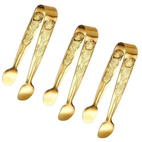 Sunenlyst 3PCS Mini Serving Tongs, 4Inch Rose Stainless Steel Sugar Cube Tongs, Sliver Small Ice Tong for Tea and Coffee Party, Appetizers, Desserts by Sunenlyst (Gold) - Image 1