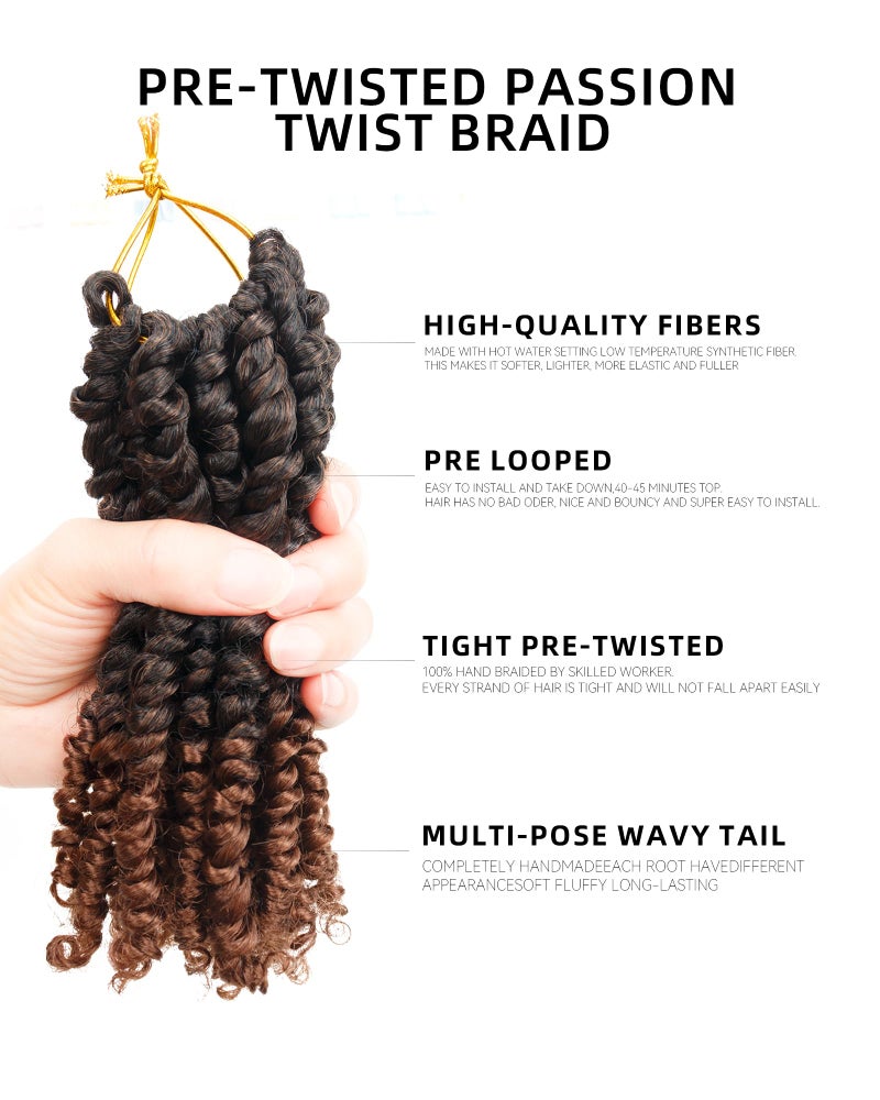 Miss Sula Pre-Twisted Passion Twist Crochet Hair for Black Women Passion Twist Hair Pre Looped Bohemian Braids 6 Inch 8 Packs Ombre Black to Brown Short Bob Curly Crochet Braiding Hair Extensions(6"-8P T30) - Image 2