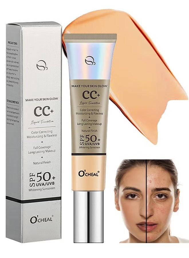 OCHEAL CC Cream, Full Coverage Foundation With SPF 50+ Whitening Sunscreen, CC Cream Foundation Anti-Redness, Colour Correcting And Brightening Face Cream, Skin Tone Adjusting CC Cream, Natural - Image 1