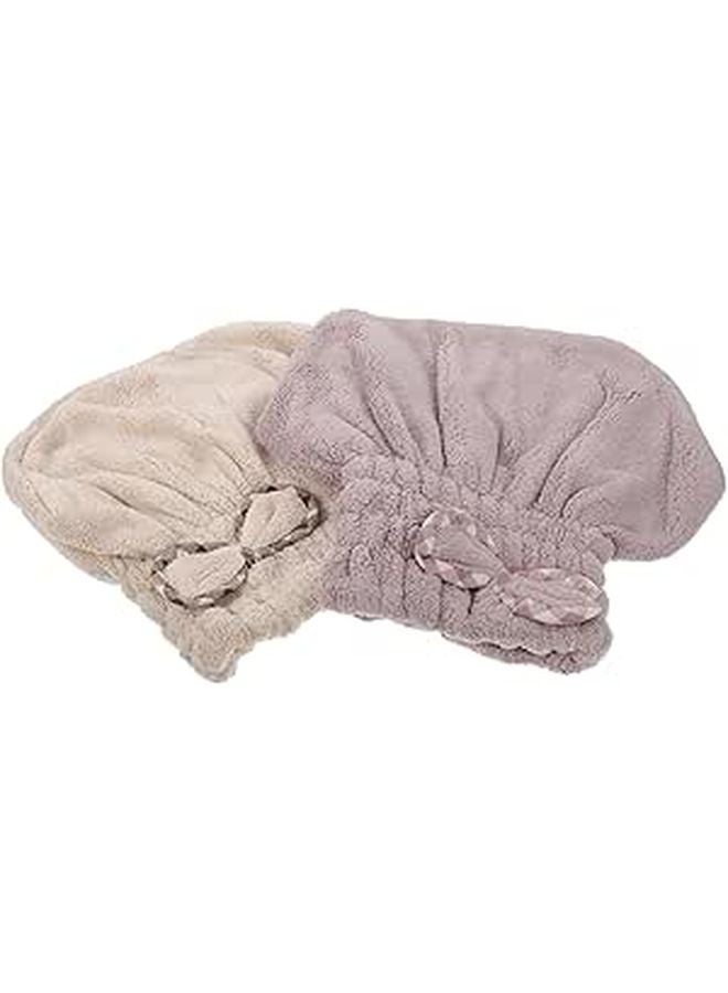 Coral Fleece Hair Drying Towel Wrap 2 Pack Khaki Purple Quick Dry Absorbent Cap - Image 1