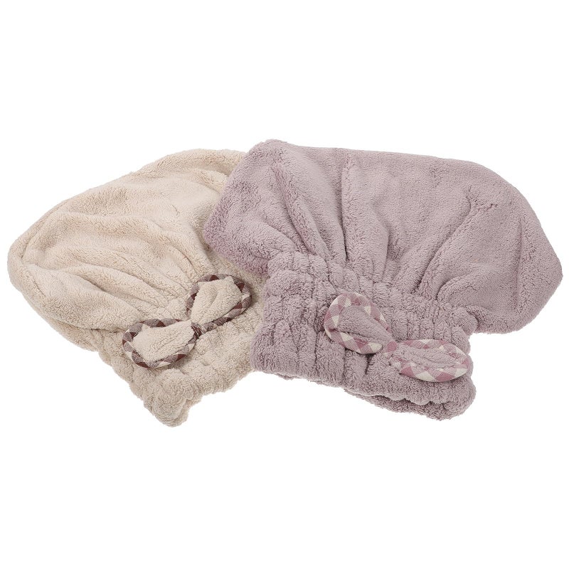 Coral Fleece Hair Drying Towel Wrap 2 Pack Khaki Purple Quick Dry Absorbent Cap - Image 2