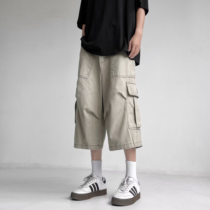 Retro American Multi-Pocket Cargo Shorts for Men Khaki  - Image 1