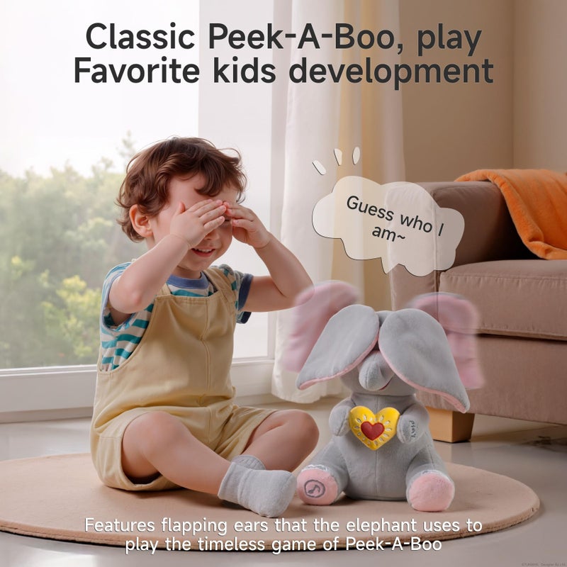 eJog Pup Peek a Boo Elephant Toy, Interactive Singing Plush Elephant Toy with Flapping Ears and Hearts, Musical Stuffed Animal for Babies and Toddlers - Image 5