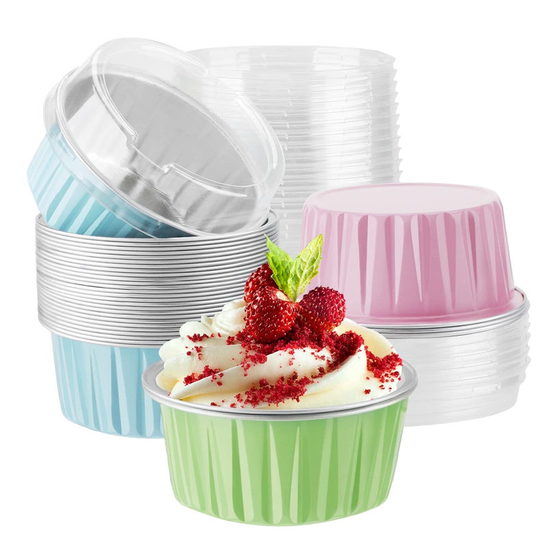 EUSOAR Disposable Foil Ramekins with Lids 30pcs 5oz 125ml Aluminum Foil Muffin Liners Cupcake Baking Cups Mini Pie Pans with Lids Disposable Foil Baking Cups Containers for Creme Brulee or Cupcake