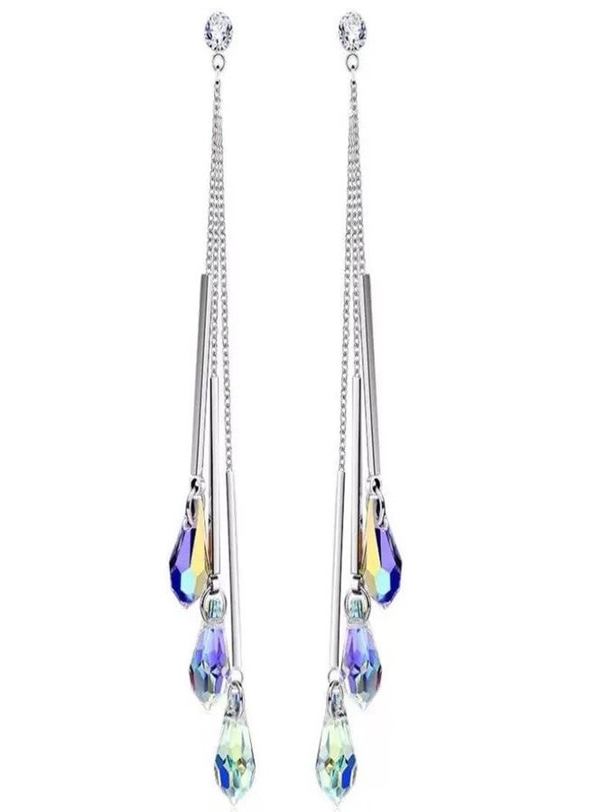 Savlano 14k White Gold Plated Aurora Borealis Drop Tear Cut Austrian Rainbow Multicolor Crystal Tear Drop Cut Stud Dangle Earrings For Women - Image 2
