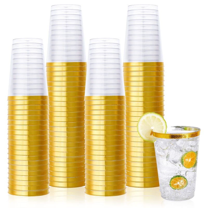 Vplus 150 Pack 12 OZ Reusable Gold Rimmed Clear Plastic Cups Disposable Heavy Duty Plastic Cups Perfect for Party Christmas Wedding