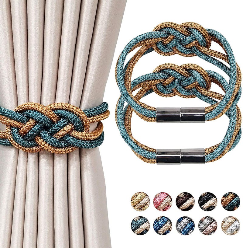 HOME CUBE 1 Pc -Strong Magnetic Curtain Tiebacks Upgrade Nordic Style Drape Tie Backs Double Color Weave Rope Knot Decorative Curtain Holdbacks for Home & Office Window Drapery (Blue and Bronze) - Image 1