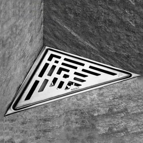 Pixaflo Triangular Corner Drain Strainer | 20 x 20 x 28 cm | 304 Stainless Steel Shower Water Drain Channel | Floor Drain Jali with Collar | Center Hole - Image 1