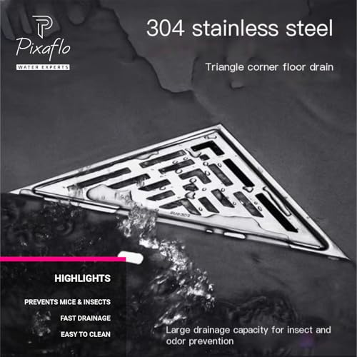 Pixaflo Triangular Corner Drain Strainer | 20 x 20 x 28 cm | 304 Stainless Steel Shower Water Drain Channel | Floor Drain Jali with Collar | Center Hole - Image 3
