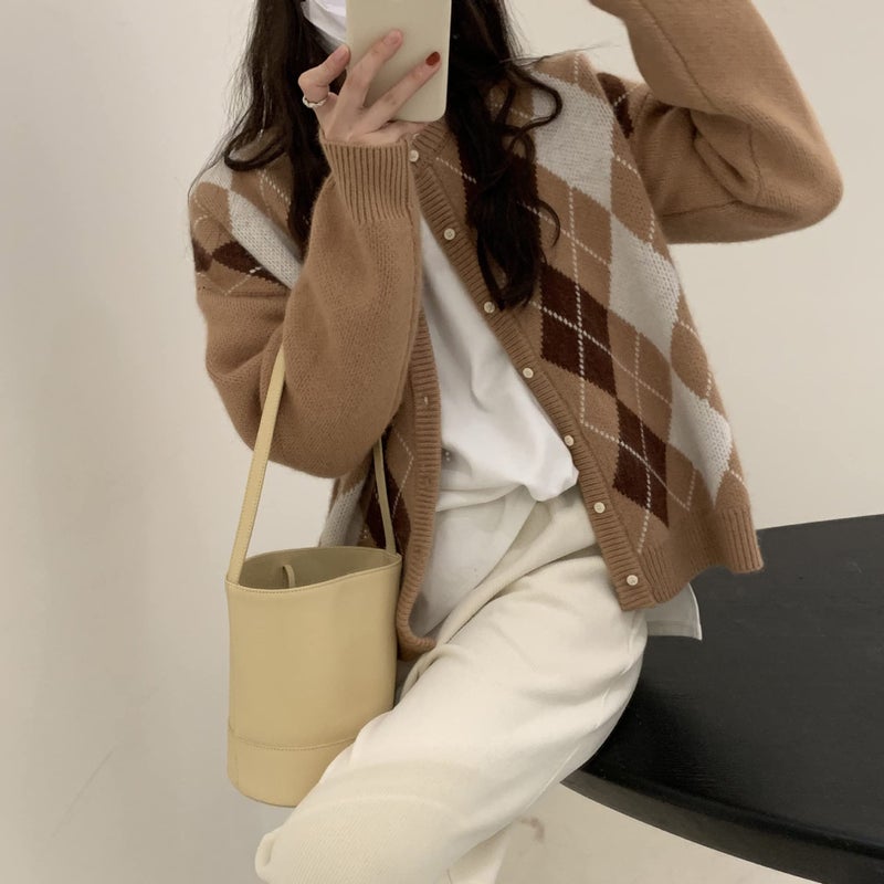 Sumleno Trendy Fall Sweater for Women 2025 Grunge Argyle Plaid Preppy Y2K E-Girl Cardigan Chunky Knit Vintage Grandpa Sweater (XL,A Khaki) - Image 4