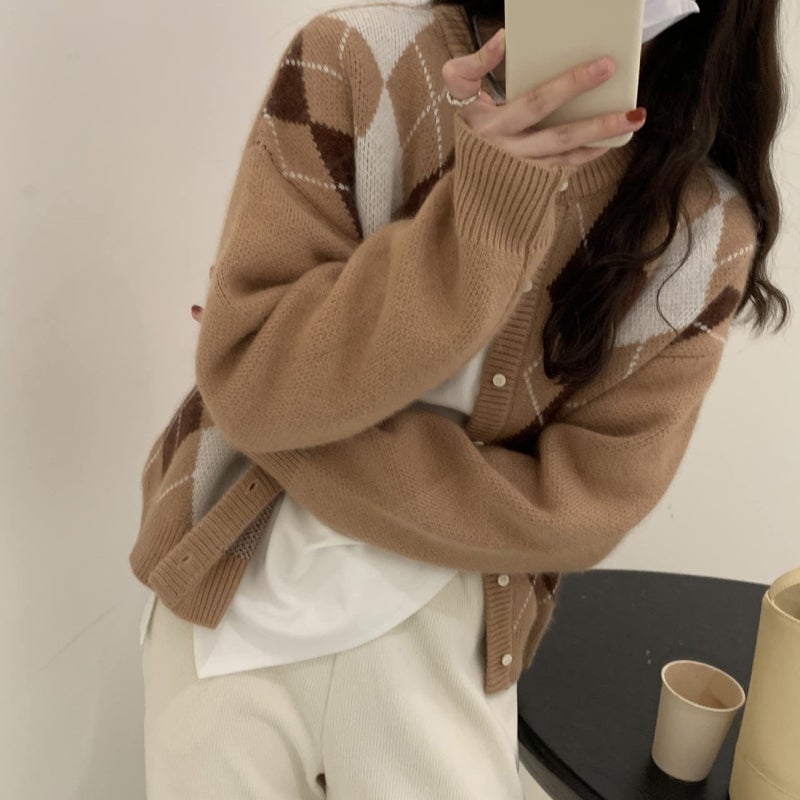 Sumleno Trendy Fall Sweater for Women 2025 Grunge Argyle Plaid Preppy Y2K E-Girl Cardigan Chunky Knit Vintage Grandpa Sweater (XL,A Khaki) - Image 3