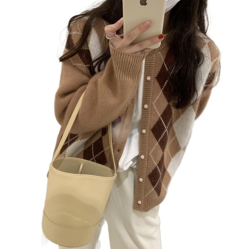 Sumleno Trendy Fall Sweater for Women 2025 Grunge Argyle Plaid Preppy Y2K E-Girl Cardigan Chunky Knit Vintage Grandpa Sweater (XL,A Khaki) - Image 1