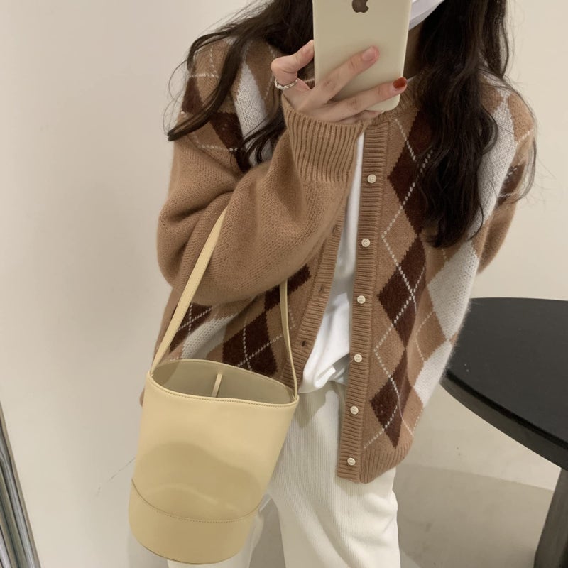 Sumleno Trendy Fall Sweater for Women 2025 Grunge Argyle Plaid Preppy Y2K E-Girl Cardigan Chunky Knit Vintage Grandpa Sweater (XL,A Khaki) - Image 2