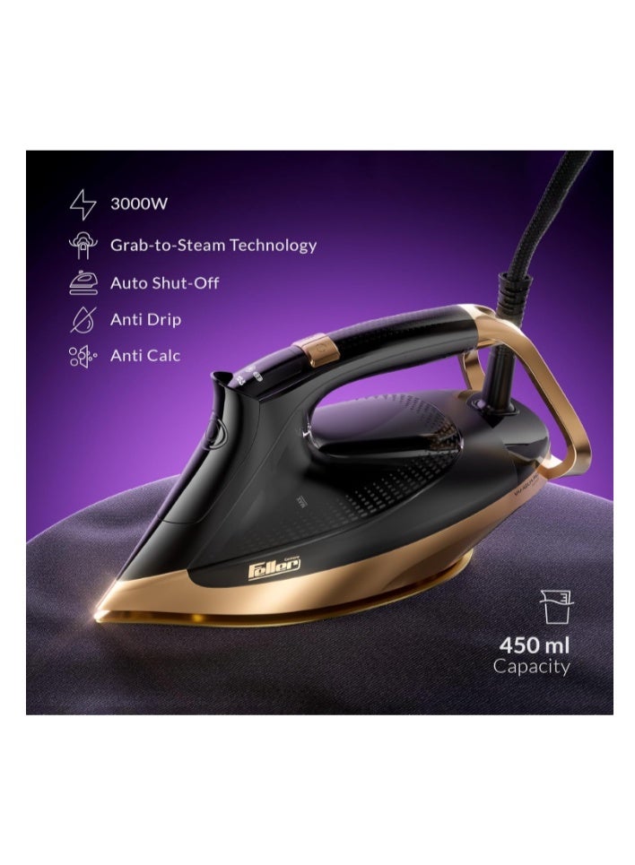 Feller Germany Vanguard Plus Steam Iron 3000W,Grab-to-Steam Technology,Prime Gold Ceramic 2x Sole Plate+Anti Calc,Anti Drip,Auto Shut Off,Display,Turbo Steam, SI300,2Y Guarantee-UAE Version - Image 2