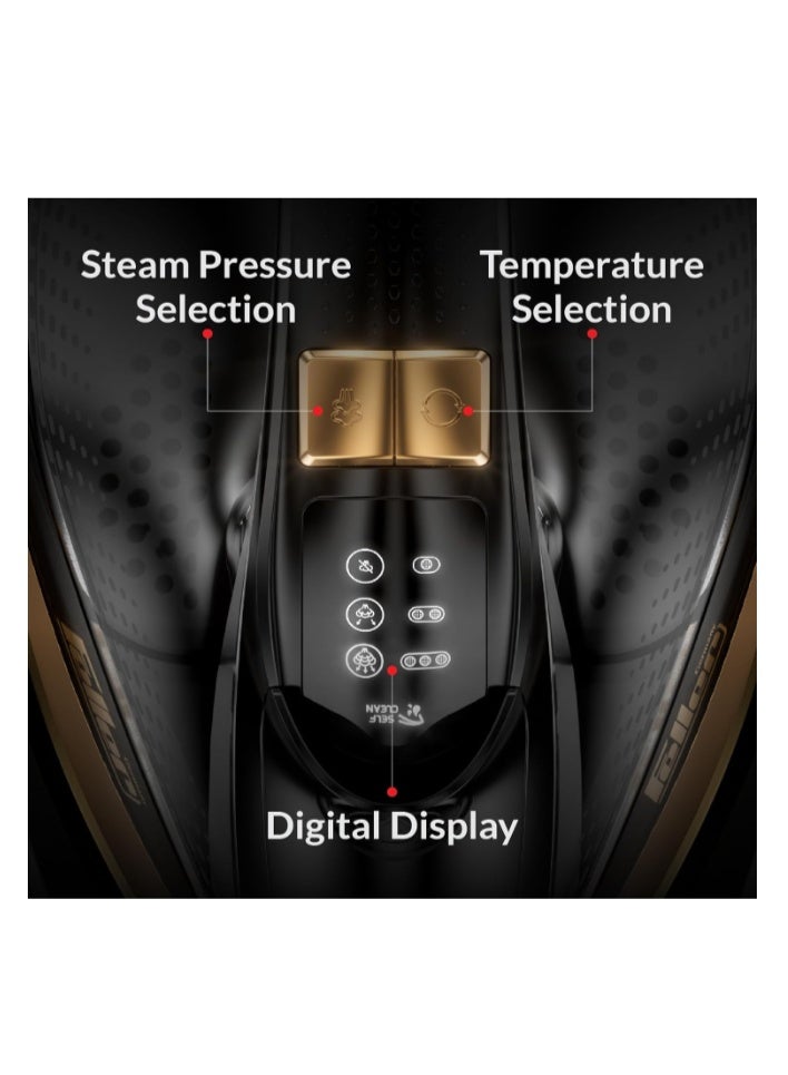Feller Germany Vanguard Plus Steam Iron 3000W,Grab-to-Steam Technology,Prime Gold Ceramic 2x Sole Plate+Anti Calc,Anti Drip,Auto Shut Off,Display,Turbo Steam, SI300,2Y Guarantee-UAE Version - Image 4