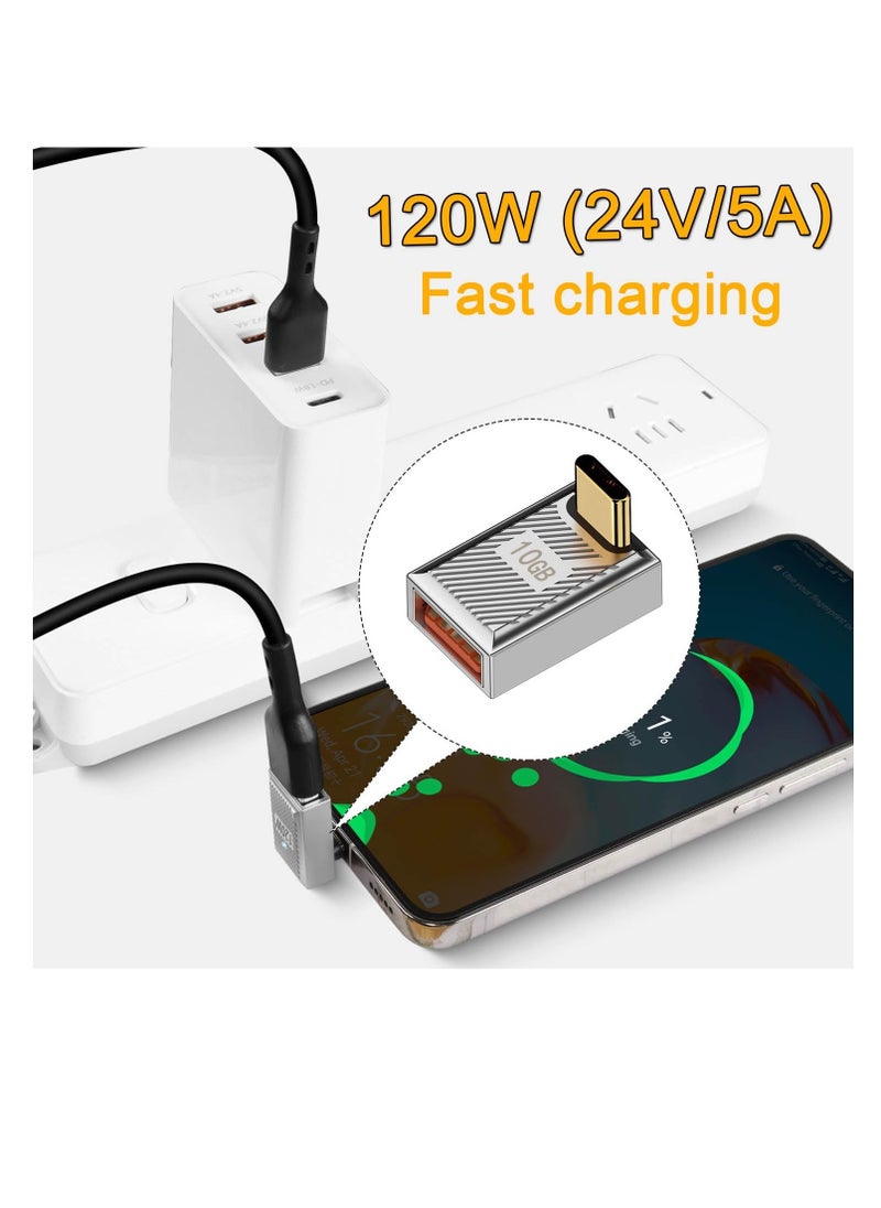 Excefore 120W 90° Angle USB C to USB3.1 OTG Adapter, 2 Pcs 10Gbps USB C Male to USB3.1 Female Right Angle Data Connector, 24V5A Charging/Zn Alloy/LED, for Phone Tablet Steam Deck, Silver/Positive Bend  - Image 5