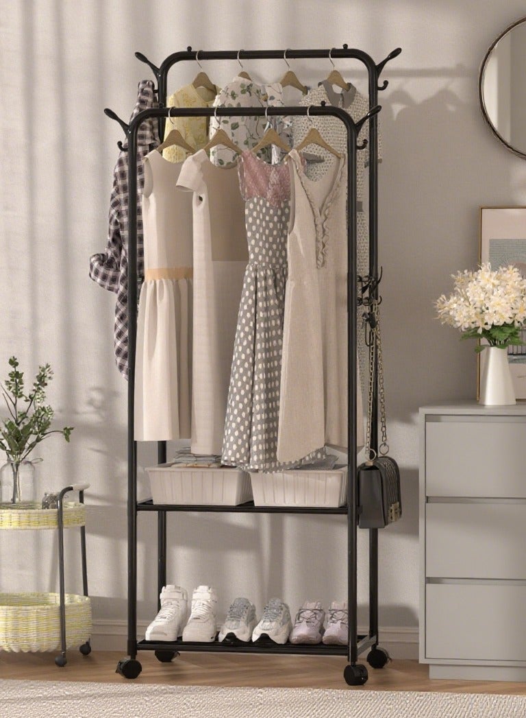 BLOOMING TIME Double Rod Clothes Hanger + Double-Layer Storage Shelf, Double-Side Hooks, Large-Capacity Coat and Hat Rack, Movable Universal Wheels - Image 1