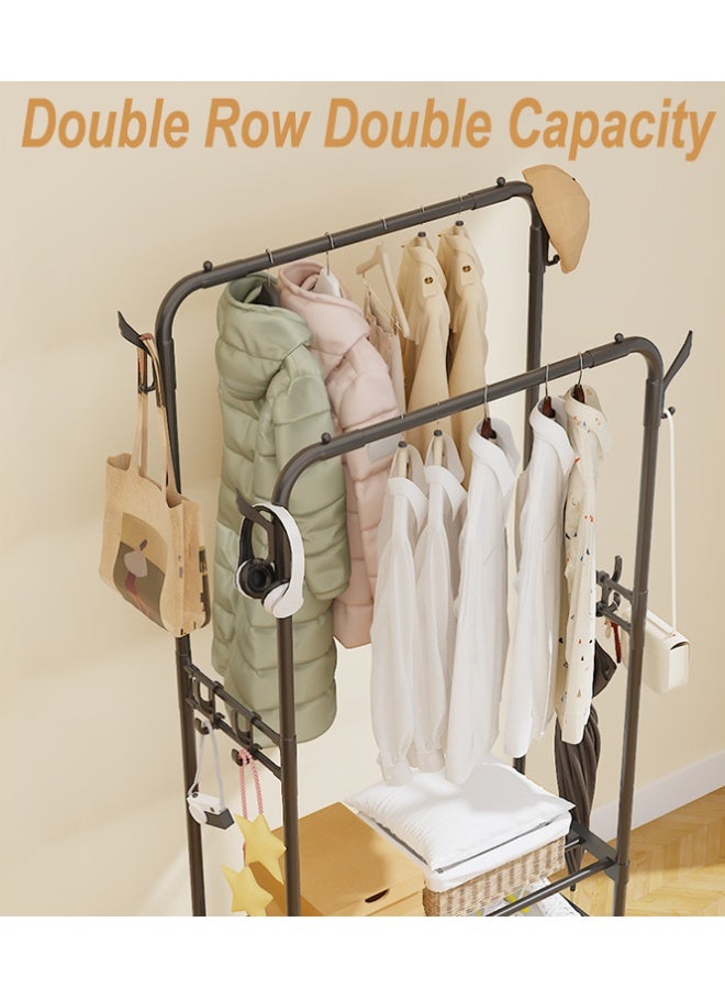 BLOOMING TIME Double Rod Clothes Hanger + Double-Layer Storage Shelf, Double-Side Hooks, Large-Capacity Coat and Hat Rack, Movable Universal Wheels - Image 2