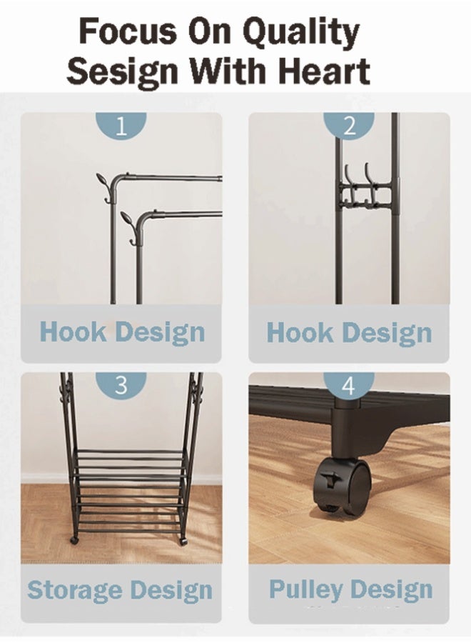 BLOOMING TIME Double Rod Clothes Hanger + Double-Layer Storage Shelf, Double-Side Hooks, Large-Capacity Coat and Hat Rack, Movable Universal Wheels - Image 4