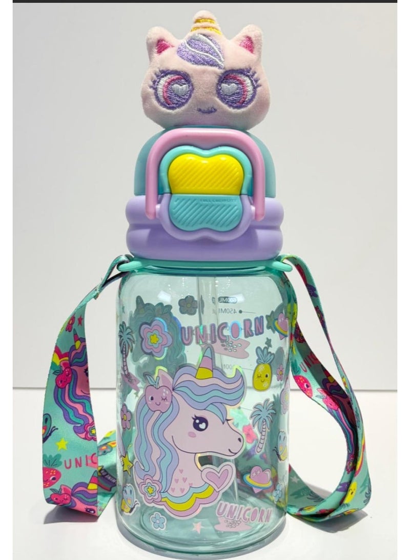 Five dream house 600ML Dreamy Unicorn Kids Water Bottle For School, Sippy Cup with Straw, Dual Drink Design with Free Magnetic Plush Toy Brooch - Image 1