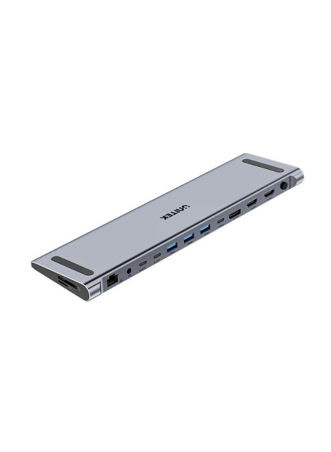UNITEK USB-C Triple 4K KVM Docking Station, 100W PD, Triple Display Output (2x HDMI + DP), 4 USB Ports, Space Grey, 290x80x17.6mm, Aluminum Alloy - Image 1