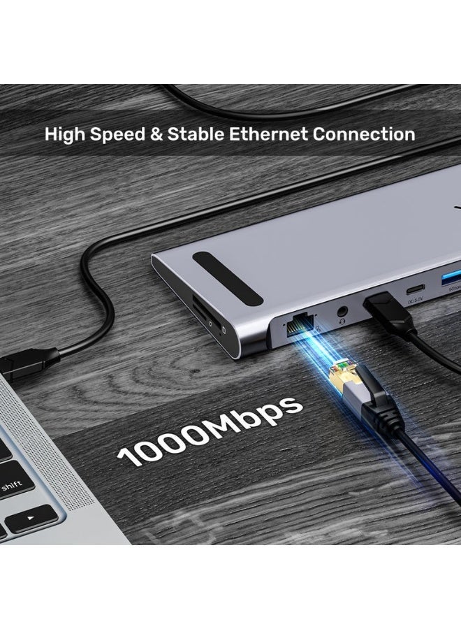 UNITEK USB-C Triple 4K KVM Docking Station, 100W PD, Triple Display Output (2x HDMI + DP), 4 USB Ports, Space Grey, 290x80x17.6mm, Aluminum Alloy - Image 5