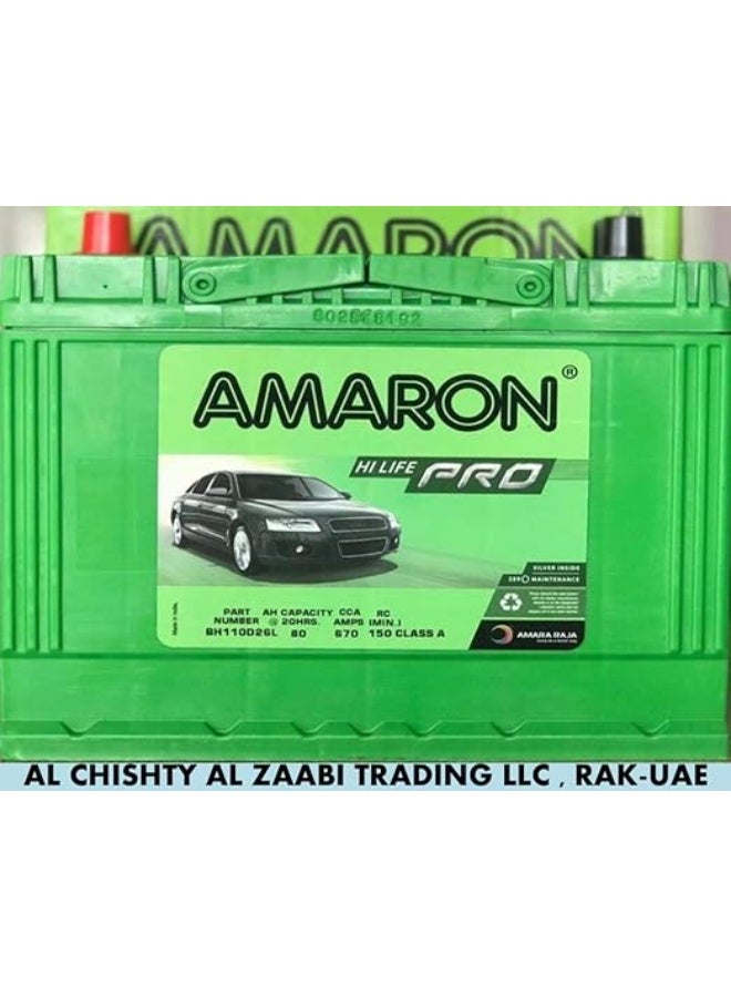 AMARON HI LIFE PRO CAR BATTERY 110D26L /NX110-5LMF 12V 80AH - Image 2