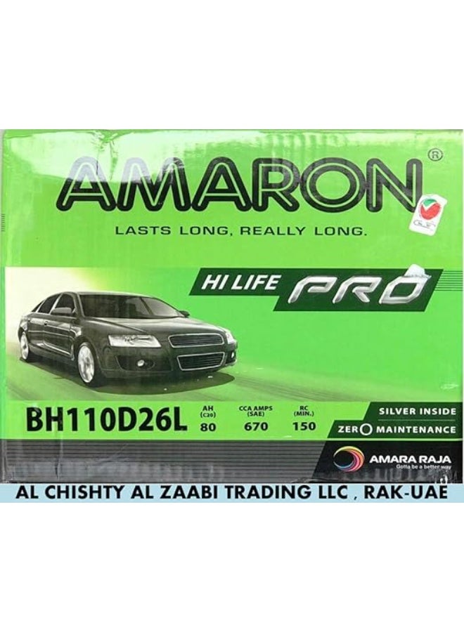 AMARON HI LIFE PRO CAR BATTERY 110D26L /NX110-5LMF 12V 80AH - Image 1