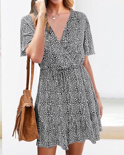 KIRUNDO Women's Summer Dresses 2025 Casual Short Sleeve V Neck Ruffle Floral Print High Waist Flowy Mini Dress with Belt(Small, Black) - Image 5