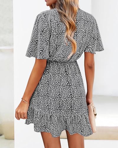 KIRUNDO Women's Summer Dresses 2025 Casual Short Sleeve V Neck Ruffle Floral Print High Waist Flowy Mini Dress with Belt(Small, Black) - Image 2