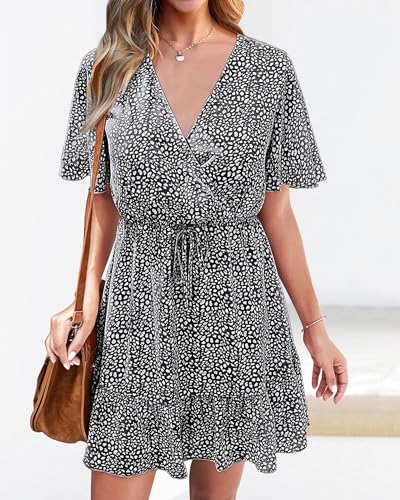KIRUNDO Women's Summer Dresses 2025 Casual Short Sleeve V Neck Ruffle Floral Print High Waist Flowy Mini Dress with Belt(Small, Black) - Image 3