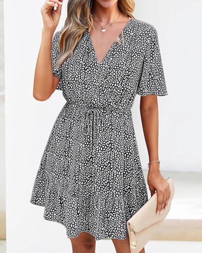 KIRUNDO Women's Summer Dresses 2025 Casual Short Sleeve V Neck Ruffle Floral Print High Waist Flowy Mini Dress with Belt(Small, Black) - Image 4