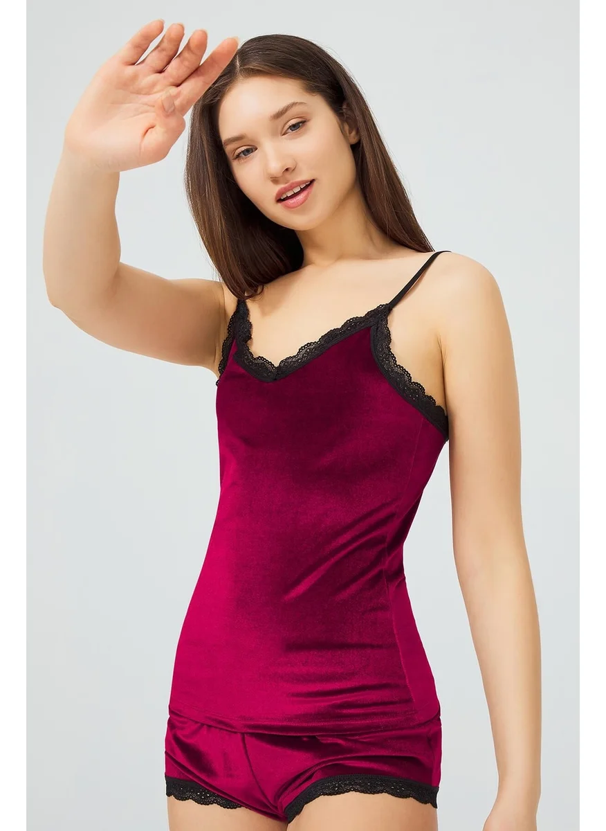 كوتن هيل Cherry Lace Detailed Thin Strap Velvet Women's Tank Top and Shorts Set