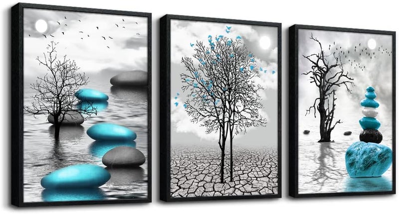 DZRWUBHS Blue Abstract 3 Piece Framed Canvas Wall Art - Image 1