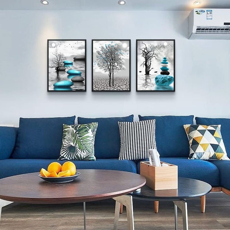 DZRWUBHS Blue Abstract 3 Piece Framed Canvas Wall Art - Image 2