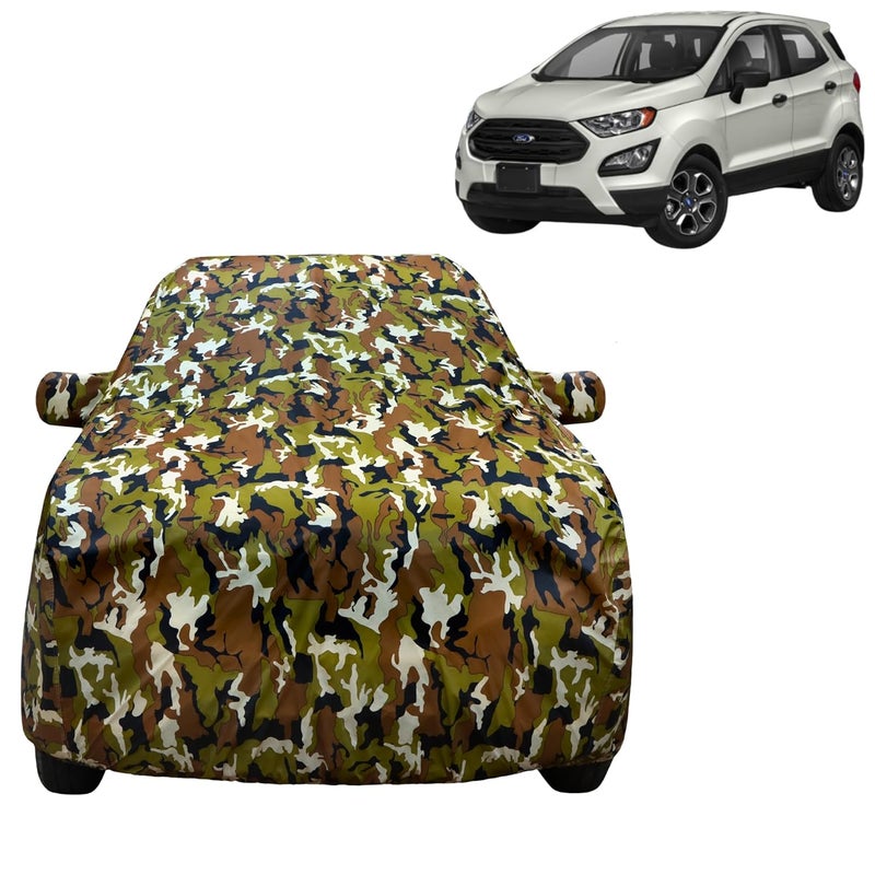 VYAS 100% Waterproof Car Body Cover for Ford Eccosports (2013-2022) with Mirror Pocket Triple Stitched Belt & Buckle Fitting Dual Elastic, Durable Material Jungle Print Camouflage Design - Image 1