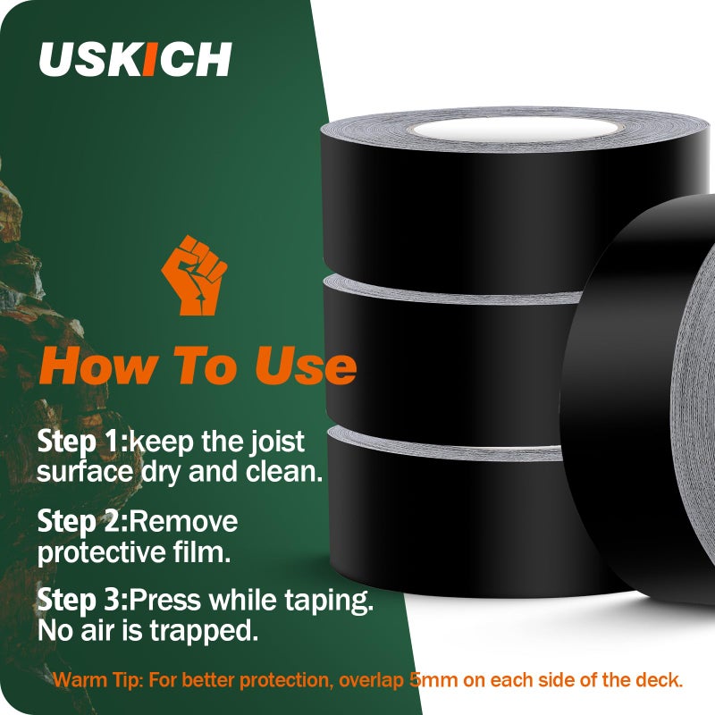 USKICH Deck Joist Tape, 2" x 50' Butyl Waterproof Flashing Tape - 10 Pack for Decking, Long-Lasting Protection Guard - Image 5