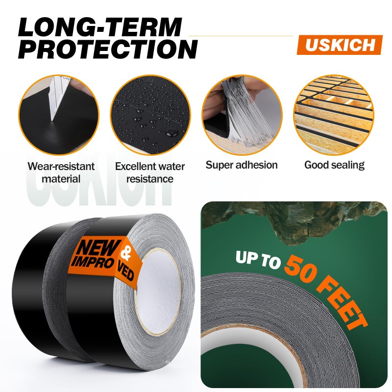 USKICH Deck Joist Tape, 2" x 50' Butyl Waterproof Flashing Tape - 10 Pack for Decking, Long-Lasting Protection Guard - Image 4