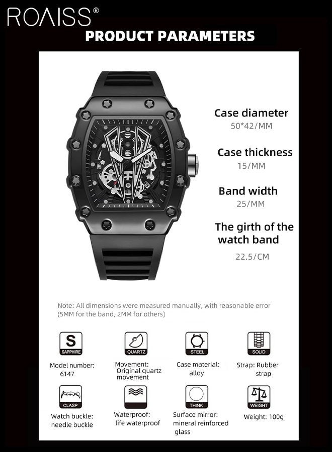 roaiss Men's Rubber Strap Quartz Watch Analog Display Barrel-Shaped Dial with Skeletonized Mechanical Design Waterproof Luminous Sports Wristwatch as Gift for Men - Image 4