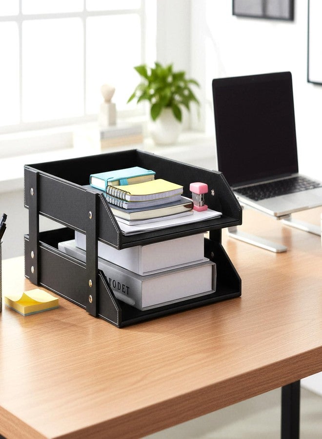 xozeooeu 2-Tier Stackable Leather Desk Organizer, Letter Tray Holder for File, A4 Paper, Magazine & Stationery, Desktop Storage Box for Office & Home (Black) - Image 2