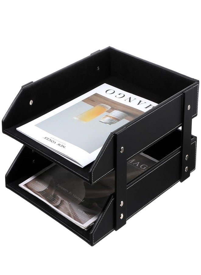 xozeooeu 2-Tier Stackable Leather Desk Organizer, Letter Tray Holder for File, A4 Paper, Magazine & Stationery, Desktop Storage Box for Office & Home (Black) - Image 1