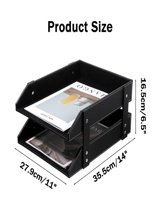 xozeooeu 2-Tier Stackable Leather Desk Organizer, Letter Tray Holder for File, A4 Paper, Magazine & Stationery, Desktop Storage Box for Office & Home (Black) - Image 3