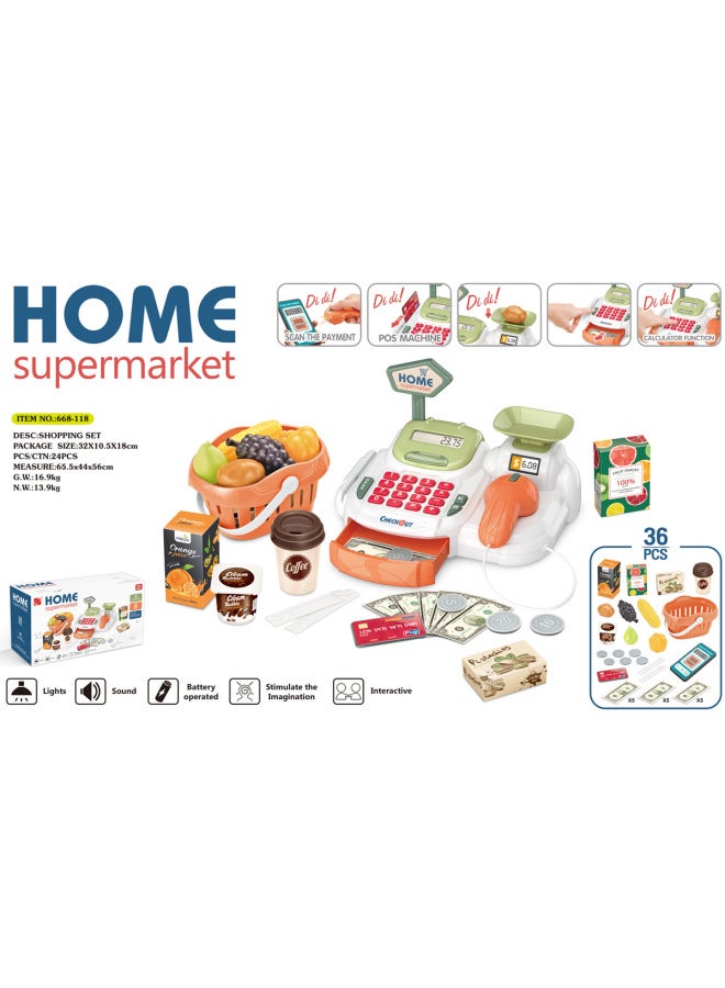 سلة تسوق لبطاقة المسح الضوئي للأطفال، مجموعة مكتب أمين الصندوق للعب في المنزل، اللون: 668118-36 قطعة، مسح الهاتف المحمول البرتقالي 0.6 كجم - Image 1